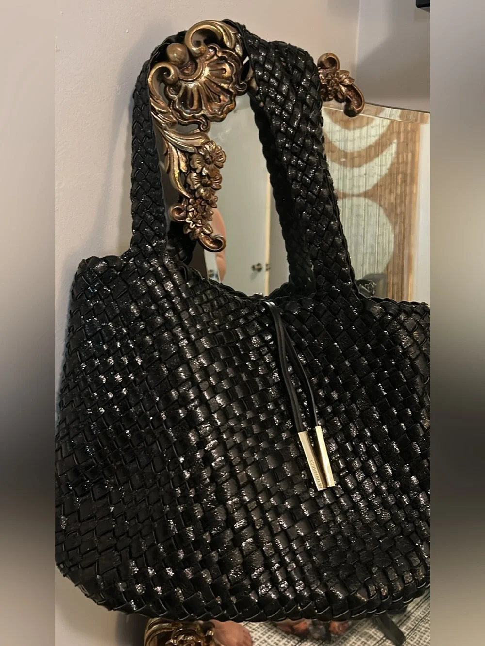 Calvin Klein Black Woven Tote with Gold Accents